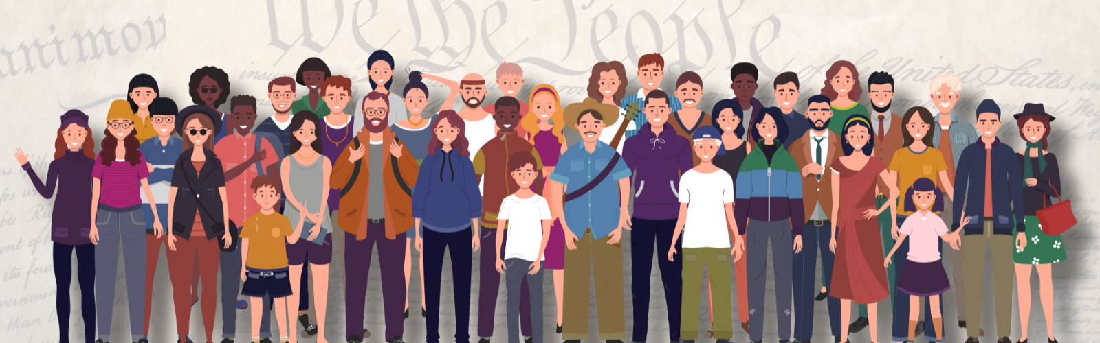 This is an illustration of a diverse group of people, with images of vintage documents behind them.