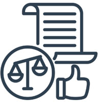This is an illustration of a printed document, a scale in a circle and a hand with its thumb extended up.
