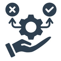 This is an illustration of a gear with an x in a circle to its left and a check in a circle to its right hovering above a hand.