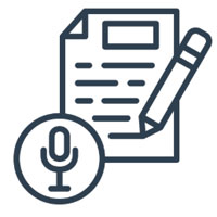 This is an illustration of a printed document, a pencil and a microphone.