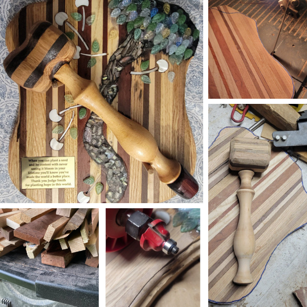 This is a composite of five images: a handcrafted plaque and gavel. The plaque is inlaid with glass shapes that form flowers, a tree and leaves. A pile of raw wood is ready to be grouped. The wood, now glued together to form a roughly shaped plaque is trimmed with a band saw. Next the plaque is shaped using a drill attachment. The gavel in its final form before it is finished with stain and fixed onto the plaque.