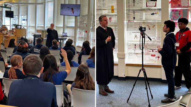 This is a composite image of two separate images: a male judge in a black robe points to a student raising her hand to ask a question; a male judge dressed in a black robe talking to two students who are using a video camera.