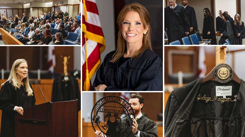 This is a composite image of six separate images: a crowd of people filing the gallery of a courtroom; a female judge dressed in a black robe speaking at a lectern; a portrait of a female judge in a black robe with her arms folded across her chest; a male judge in a black robe holding a wall hanging; an image of a group of judges dressed in black robes entering a courtroom; a black robe on a hangar.