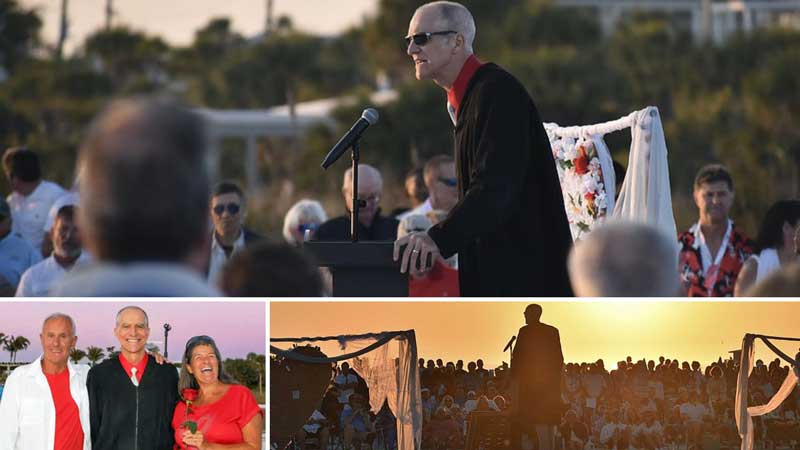 This is a composite image of three separate images: a male judge dressed in a black robe speaks to a crowd of people on a beach; a male judge dressed in a black robe stands between a man and a woman; the silhouette of a judge speaking to a crowd of people.