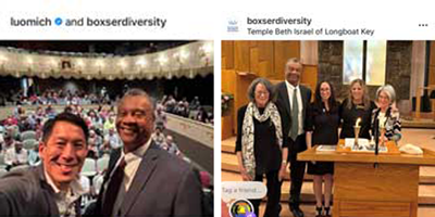 This is a composition of two images. In the first image: Judge Charles Williams and Michael Luo. The second image is a photograph of four people posing for a photo.