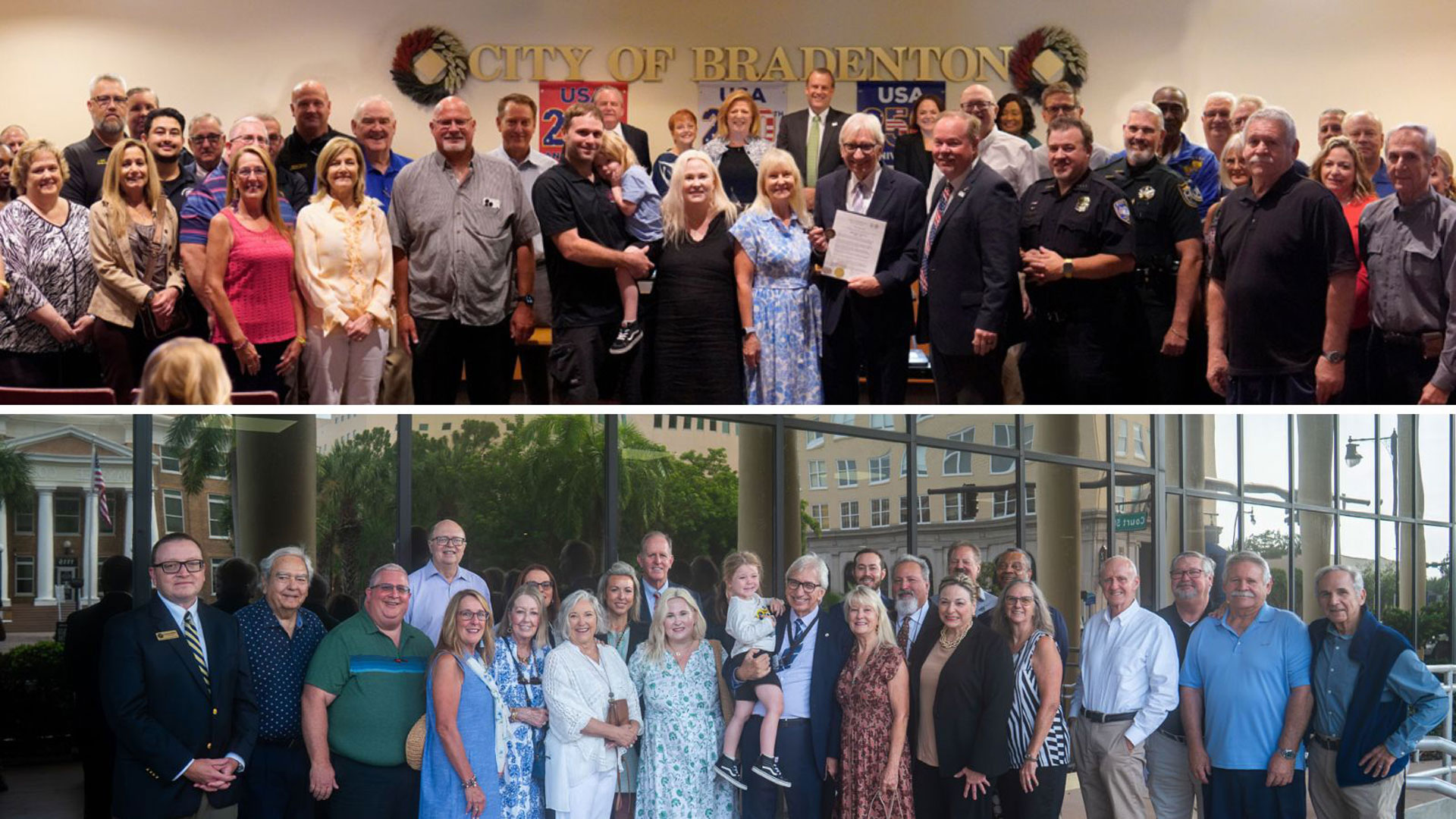 Two photos of friends and colleagues posing with Judge Gilbert Smith and his family at proclamation ceremonies.